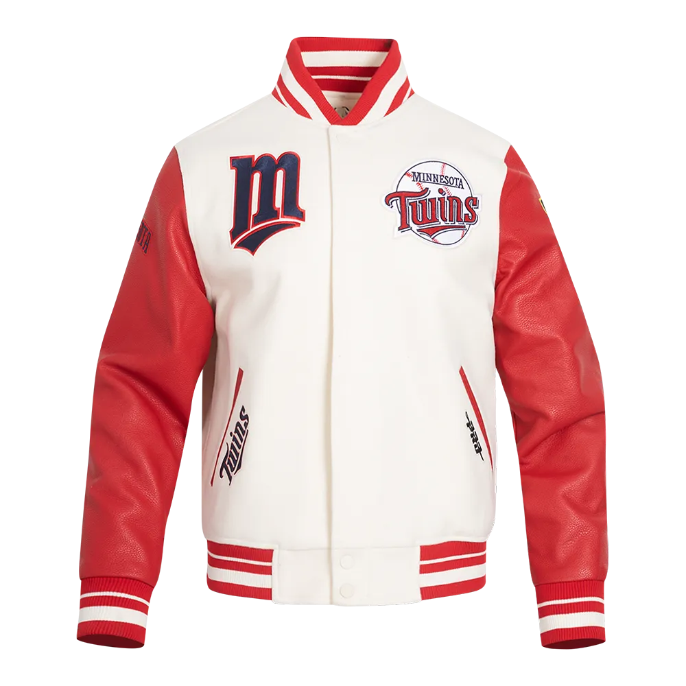 MLB MINNESOTA TWINS RETRO CLASSIC MEN'S RIB VARSITY JACKET (EGGSHELL/ RED)