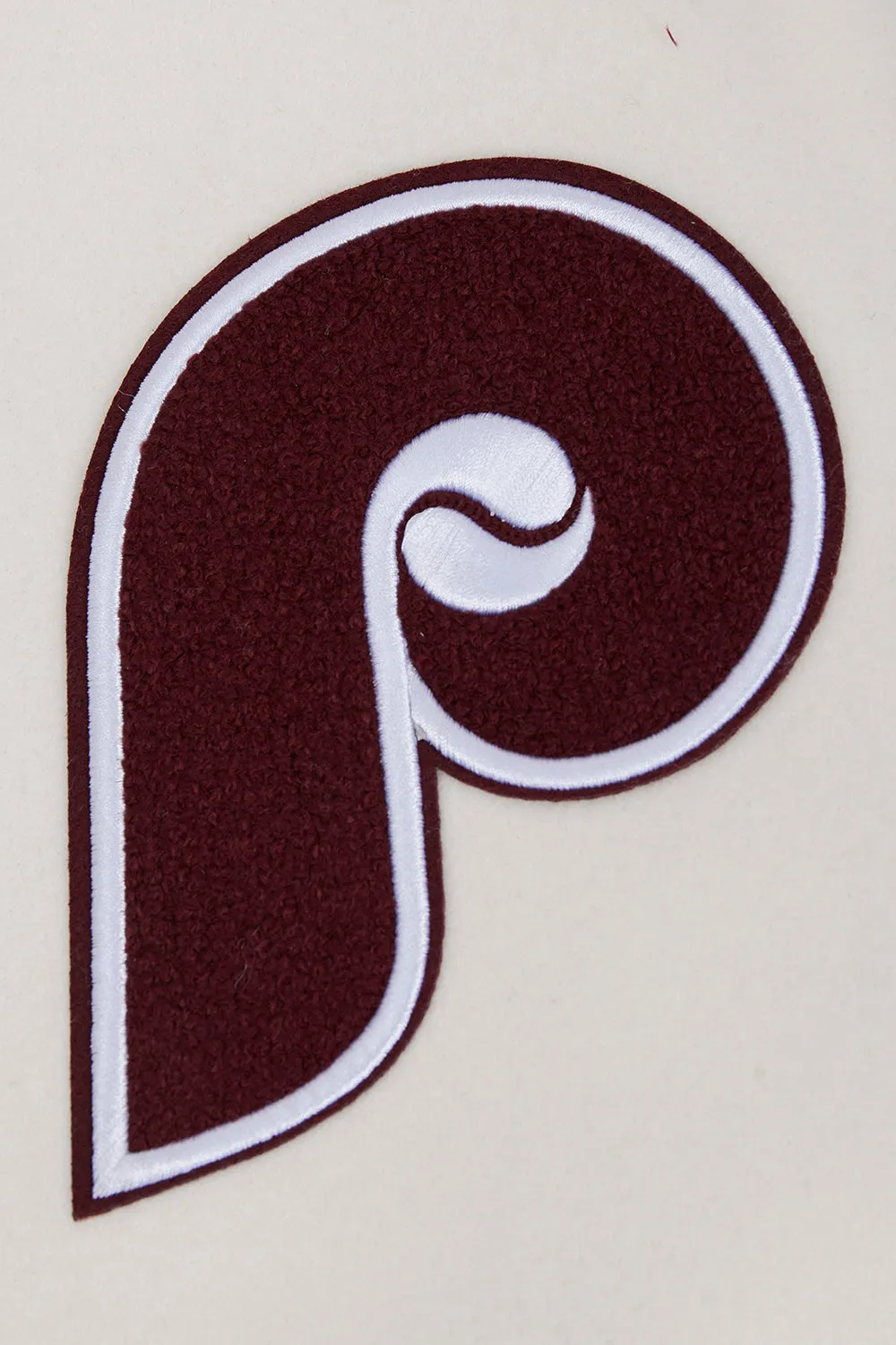 MLB PHILADELPHIA PHILLIES RETRO OLD ENGLISH MEN'S RIB WOOL VARSITY JACKET (EGGSHELL/WINE)