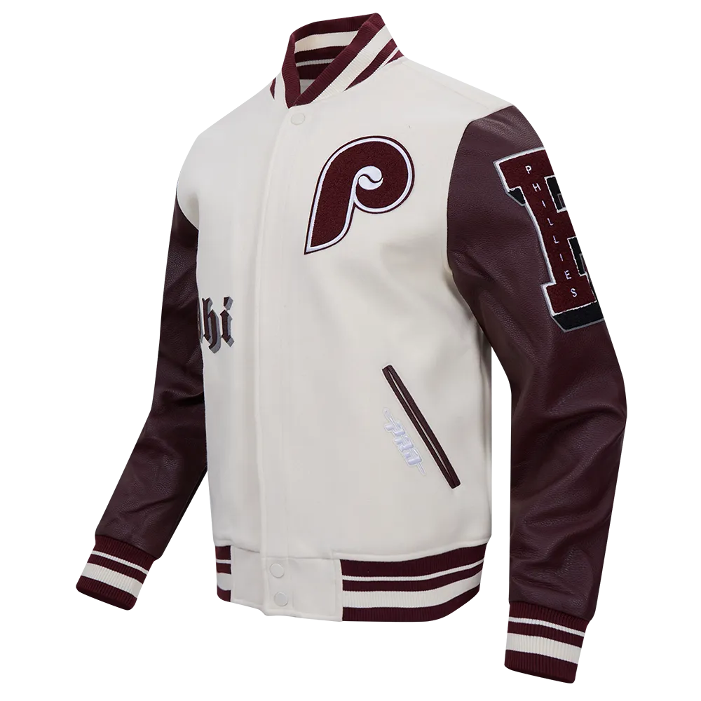 MLB PHILADELPHIA PHILLIES RETRO OLD ENGLISH MEN'S RIB WOOL VARSITY JACKET (EGGSHELL/WINE)