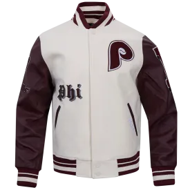 MLB PHILADELPHIA PHILLIES RETRO OLD ENGLISH MEN'S RIB WOOL VARSITY JACKET (EGGSHELL/WINE)