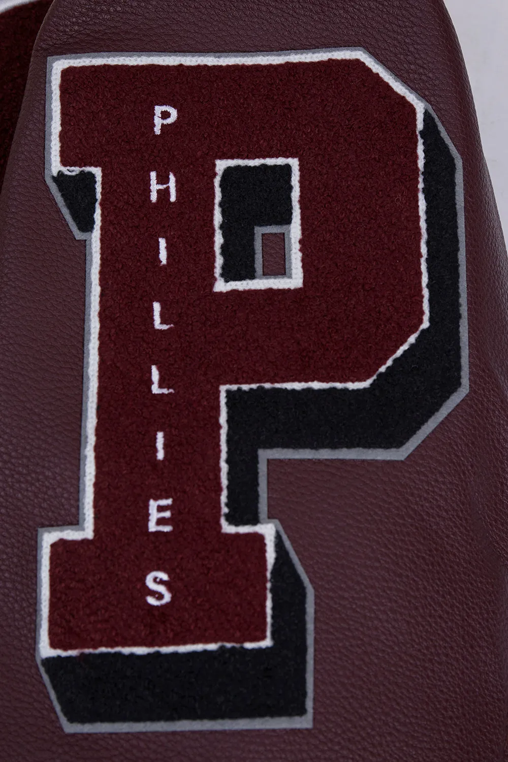 MLB PHILADELPHIA PHILLIES RETRO OLD ENGLISH MEN'S RIB WOOL VARSITY JACKET (EGGSHELL/WINE)