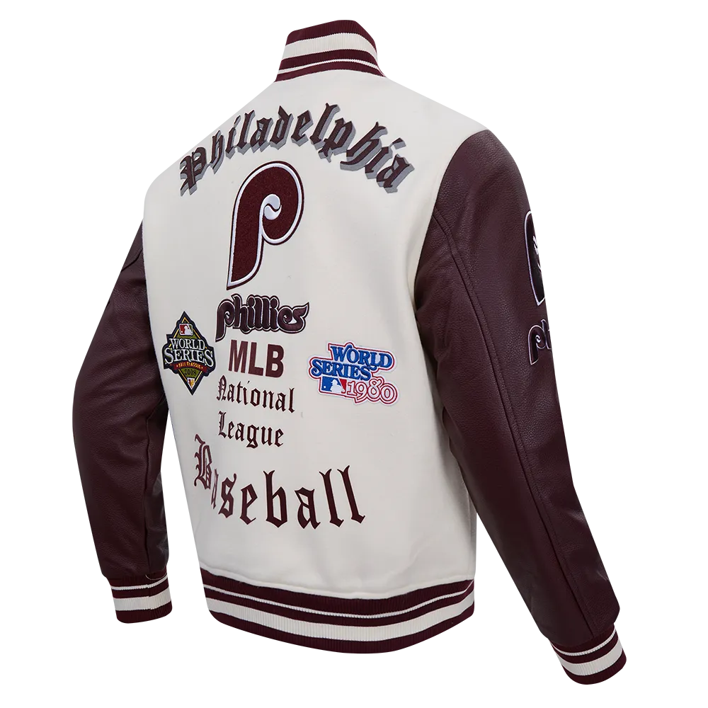MLB PHILADELPHIA PHILLIES RETRO OLD ENGLISH MEN'S RIB WOOL VARSITY JACKET (EGGSHELL/WINE)