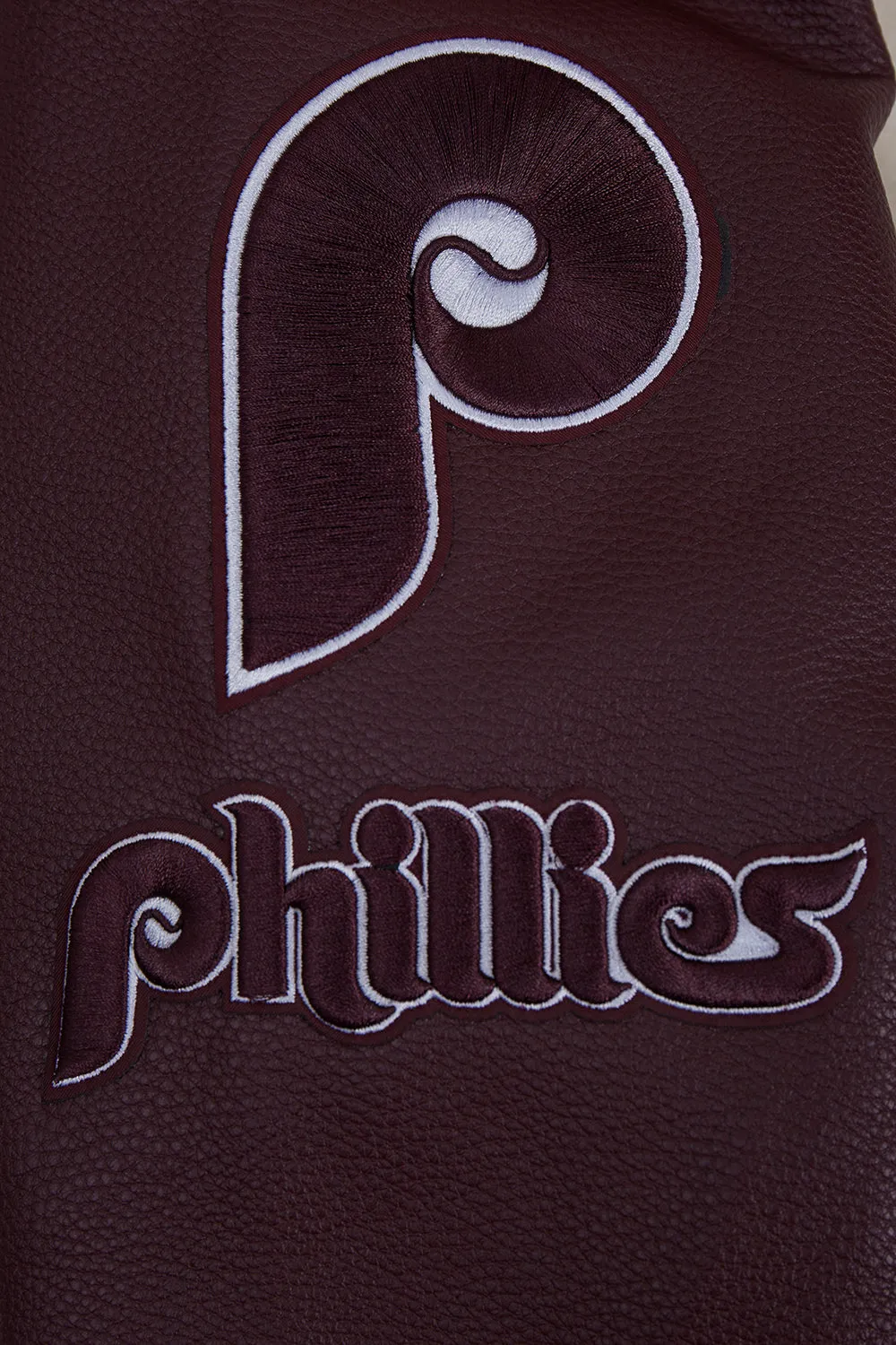 MLB PHILADELPHIA PHILLIES RETRO OLD ENGLISH MEN'S RIB WOOL VARSITY JACKET (EGGSHELL/WINE)