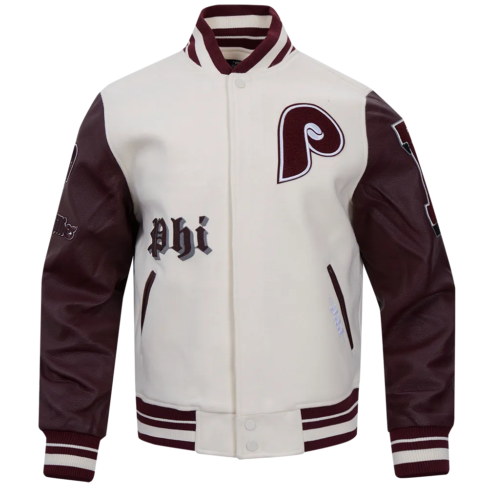 MLB PHILADELPHIA PHILLIES RETRO OLD ENGLISH MEN'S RIB WOOL VARSITY JACKET (EGGSHELL/WINE)