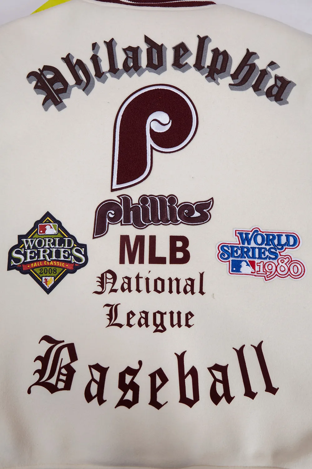 MLB PHILADELPHIA PHILLIES RETRO OLD ENGLISH MEN'S RIB WOOL VARSITY JACKET (EGGSHELL/WINE)