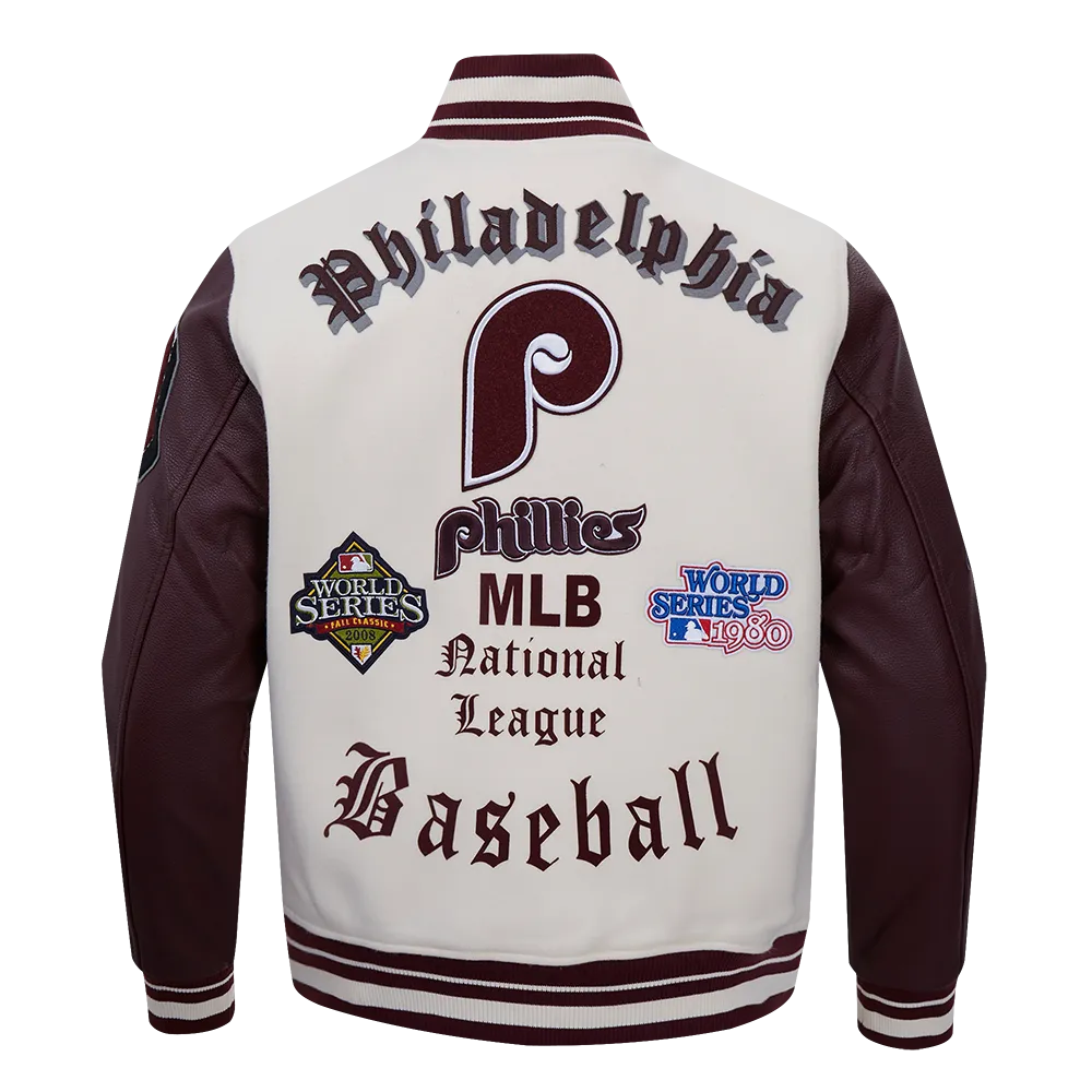 MLB PHILADELPHIA PHILLIES RETRO OLD ENGLISH MEN'S RIB WOOL VARSITY JACKET (EGGSHELL/WINE)