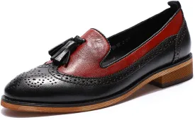 Mona flying Women's Leather Tassel Loafer Slip on Wingtip Brogue Dress Casual Flat Office Work Shoes for Ladies