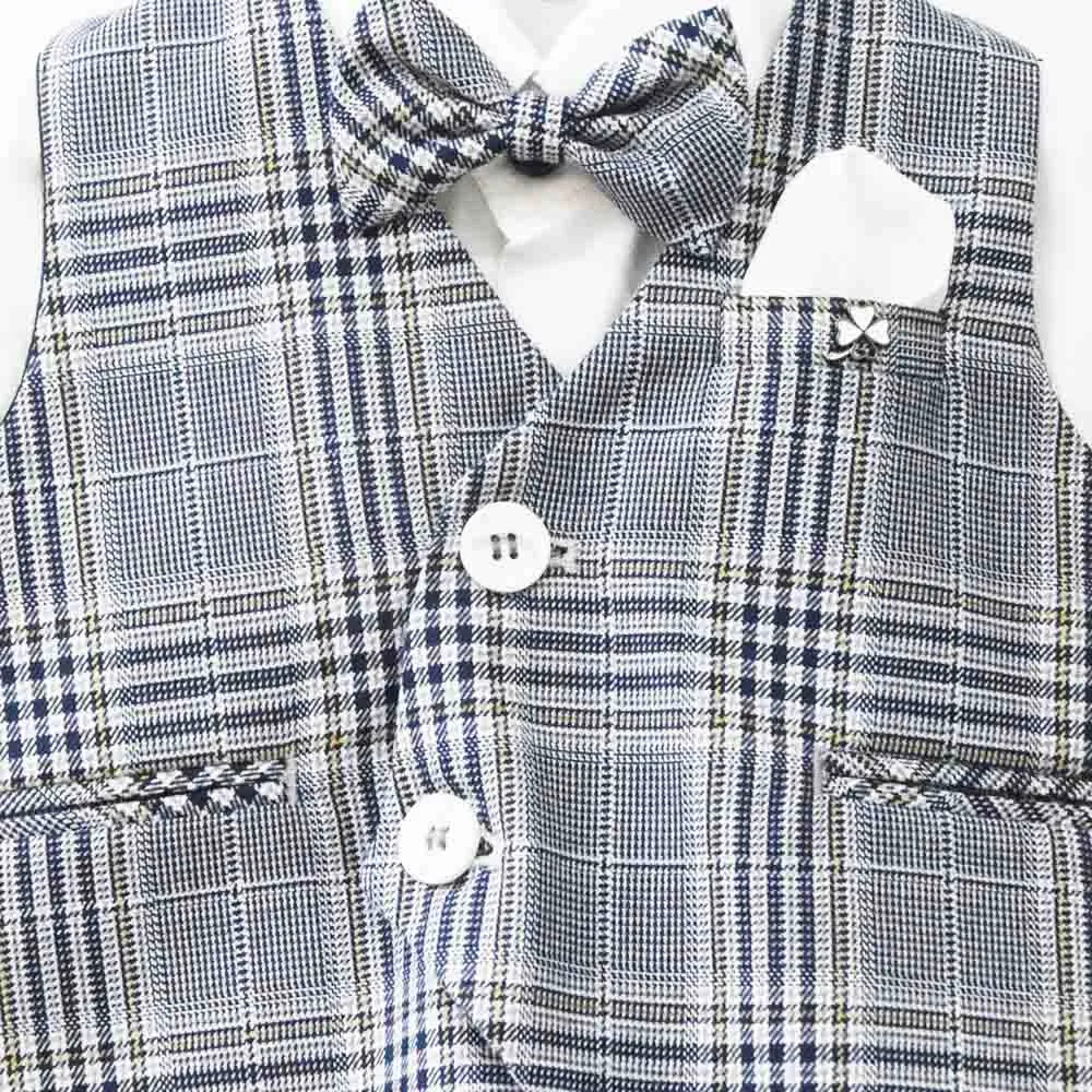 Navy Blue Checked Waistcoat With White Shirt & Pant