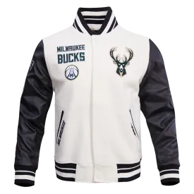 NBA MILWAUKEE BUCKS RETRO CLASSIC MEN'S RIB WOOL VARSITY JACKET (EGGSHELL/BLACK)