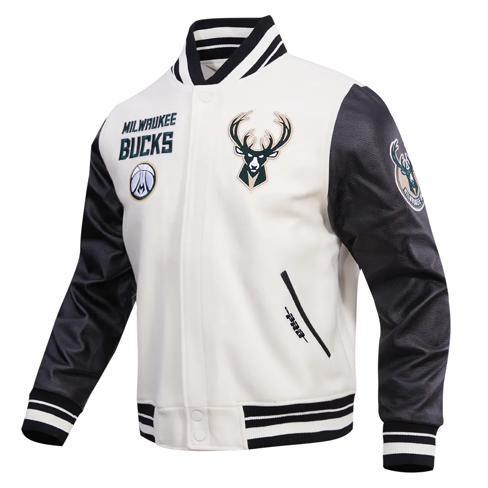 NBA MILWAUKEE BUCKS RETRO CLASSIC MEN'S RIB WOOL VARSITY JACKET (EGGSHELL/BLACK)