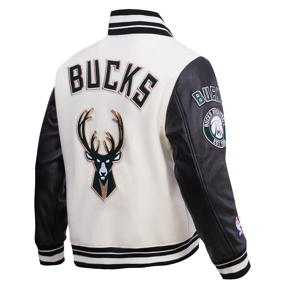 NBA MILWAUKEE BUCKS RETRO CLASSIC MEN'S RIB WOOL VARSITY JACKET (EGGSHELL/BLACK)