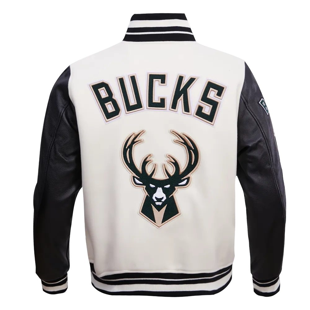 NBA MILWAUKEE BUCKS RETRO CLASSIC MEN'S RIB WOOL VARSITY JACKET (EGGSHELL/BLACK)