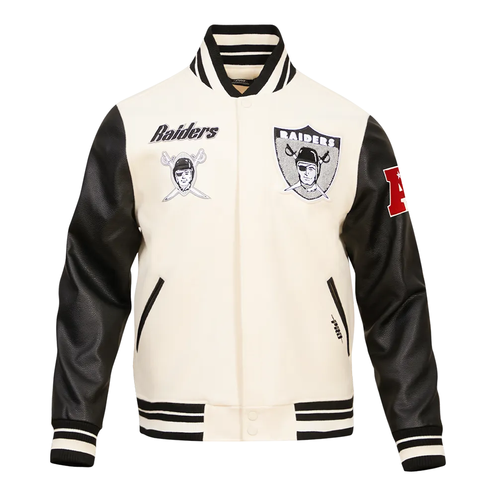 NFL OAKLAND RAIDERS RETRO CLASSIC MEN'S RIB WOOL VARSITY JACKET (EGGSHELL/BLACK)