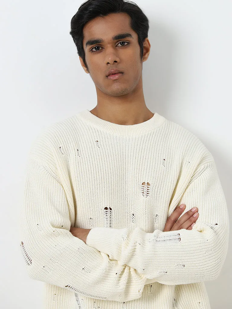 Nuon Off-White Ribbed-Textured Relaxed-Fit Sweater