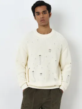 Nuon Off-White Ribbed-Textured Relaxed-Fit Sweater