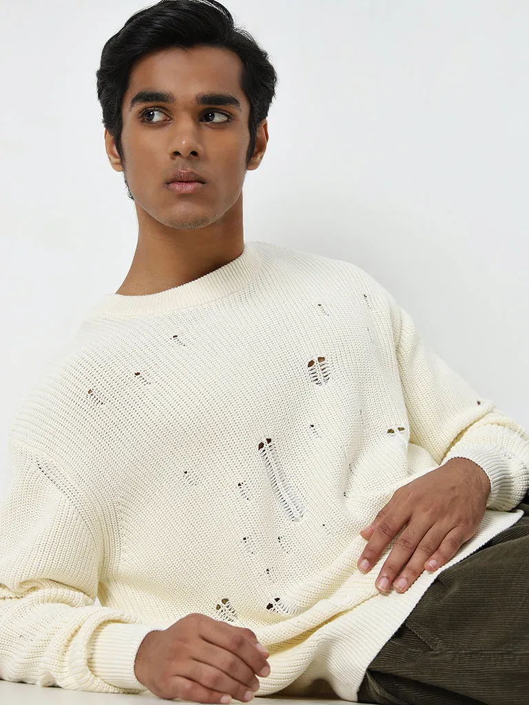 Nuon Off-White Ribbed-Textured Relaxed-Fit Sweater
