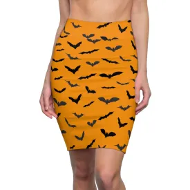 Orange Black Bats Pencil Skirt, Halloween Bats Print Women's Pencil Skirt- Made in USA (Size: XS-2XL)