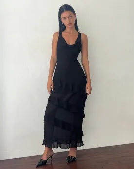 Otna Ruffle Detail Chiffon Maxi Dress in Black