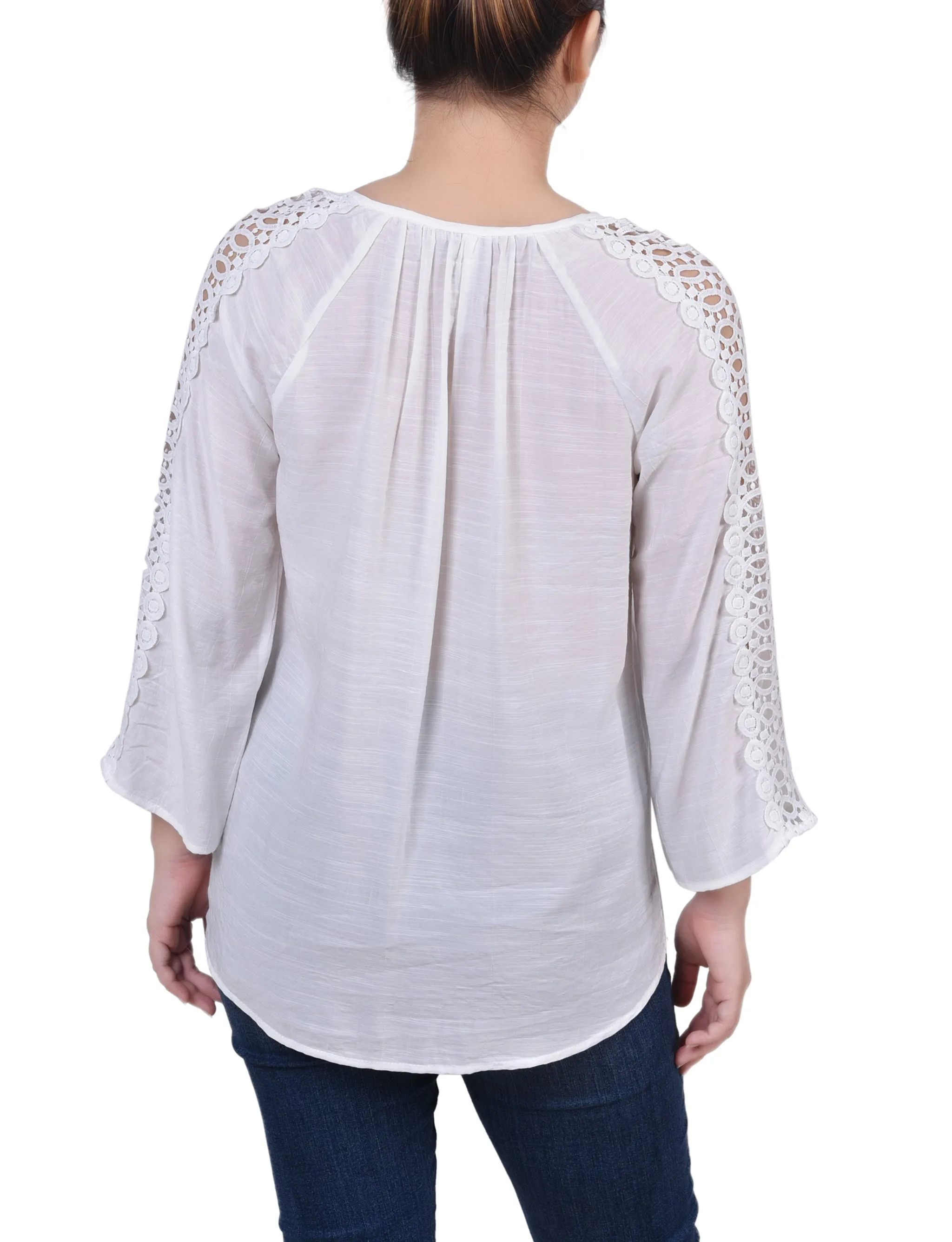 Petite 3/4 Sleeve Crochet Detail Blouse