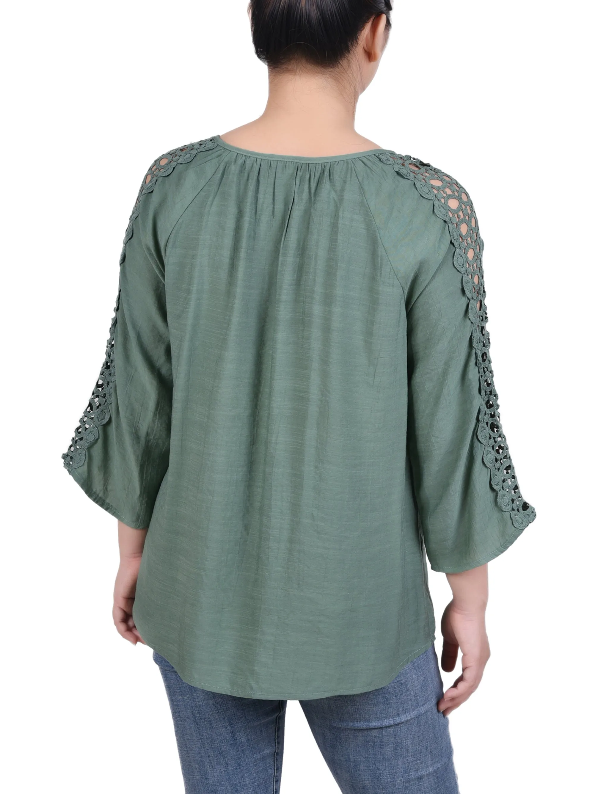 Petite 3/4 Sleeve Crochet Detail Blouse