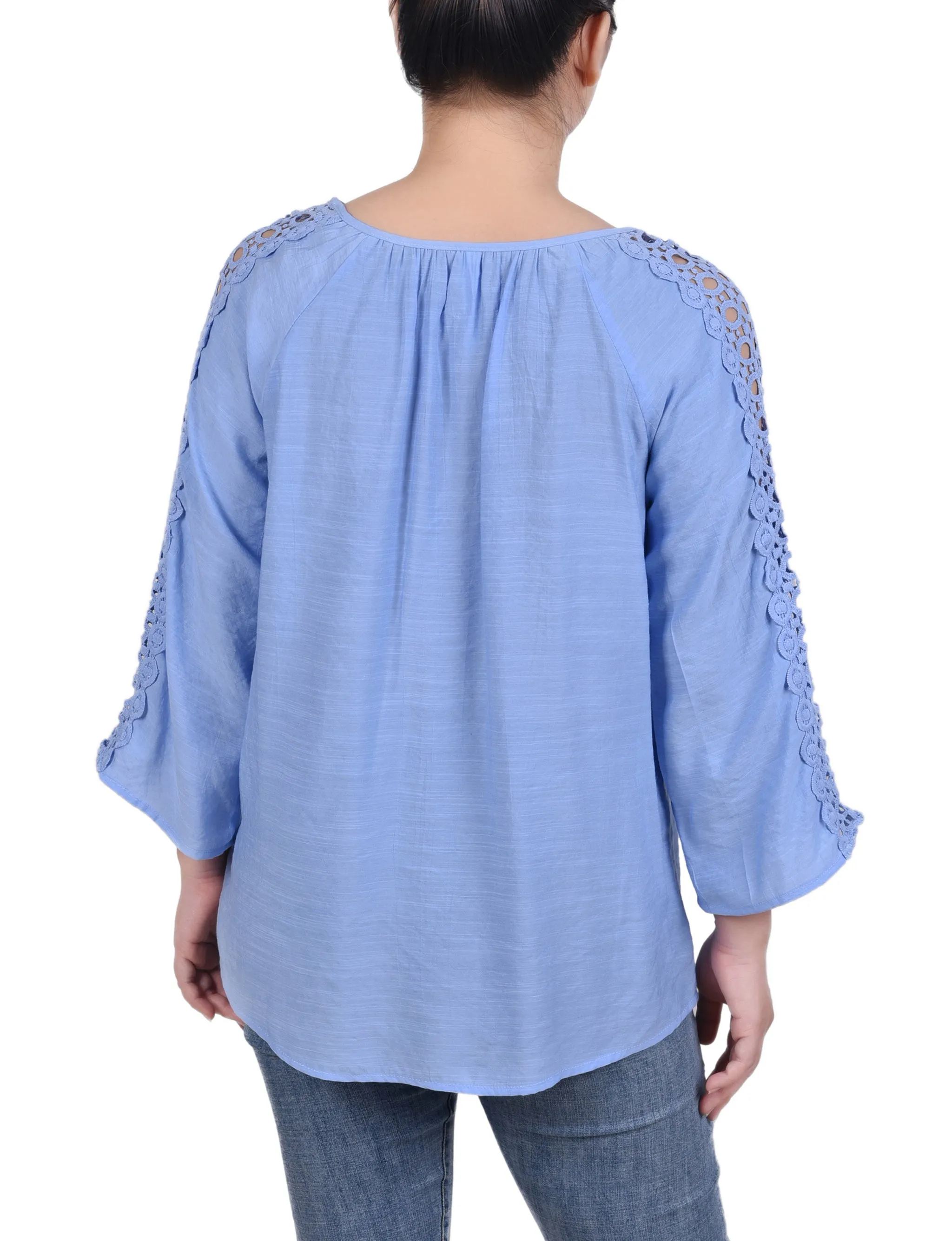 Petite 3/4 Sleeve Crochet Detail Blouse