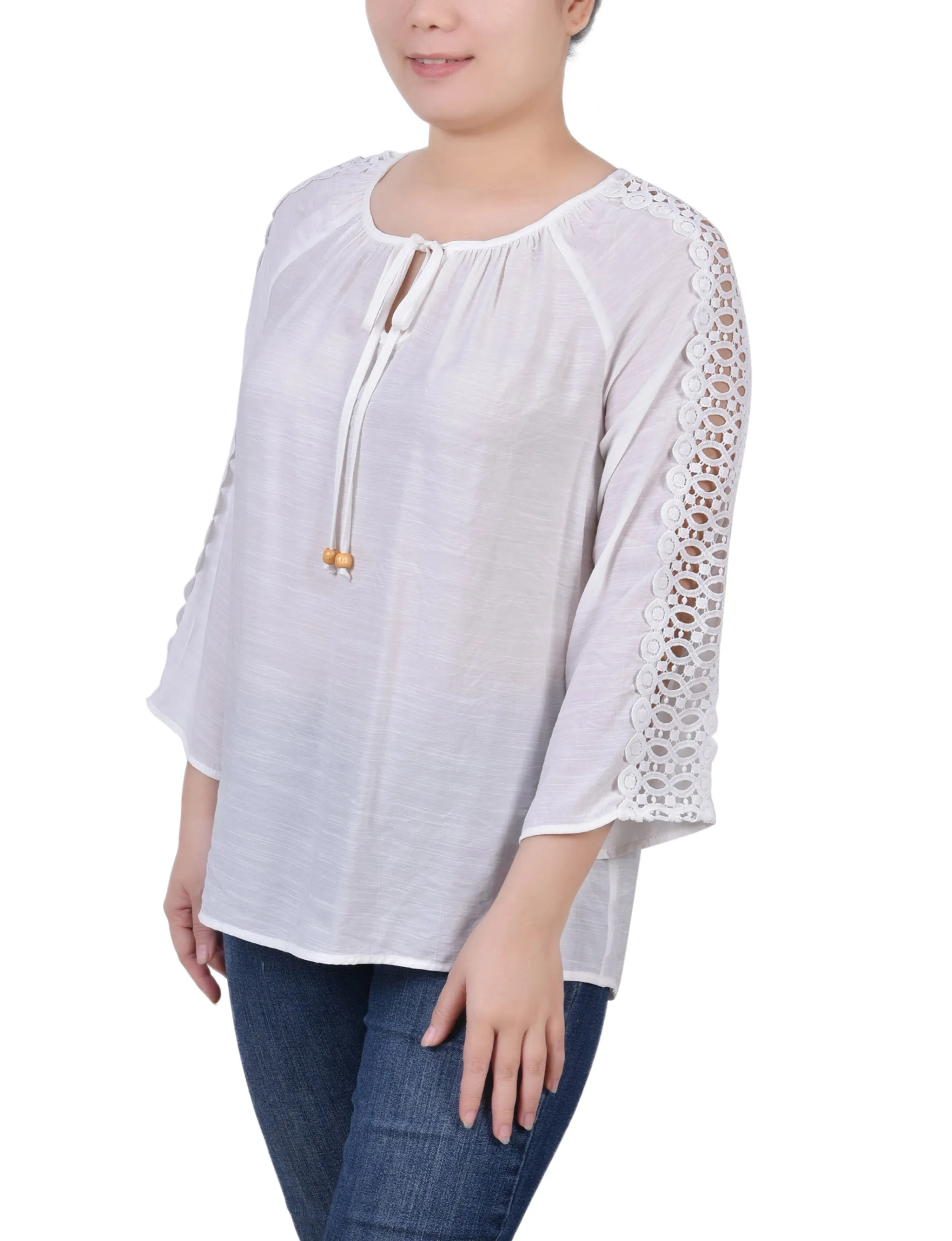 Petite 3/4 Sleeve Crochet Detail Blouse