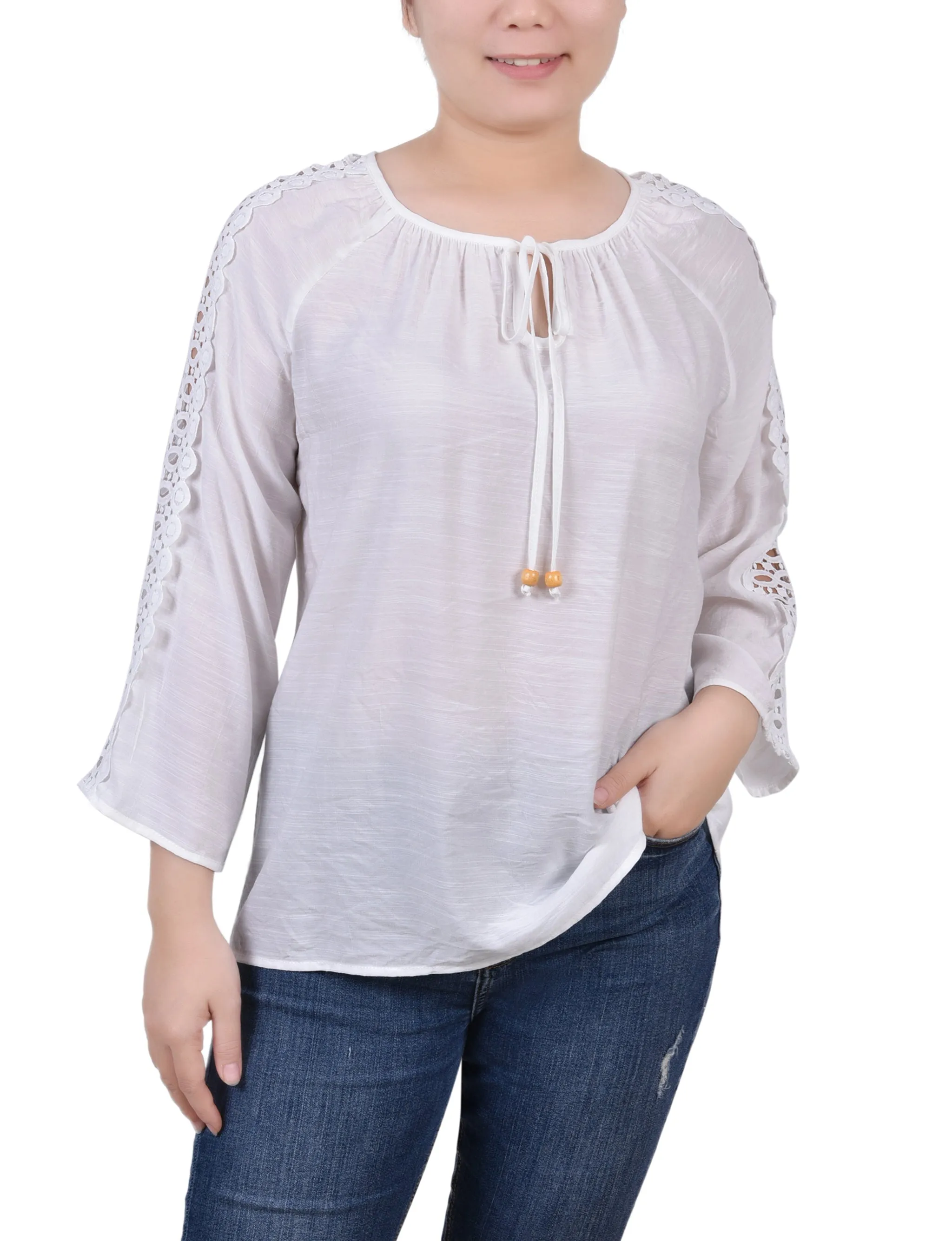 Petite 3/4 Sleeve Crochet Detail Blouse