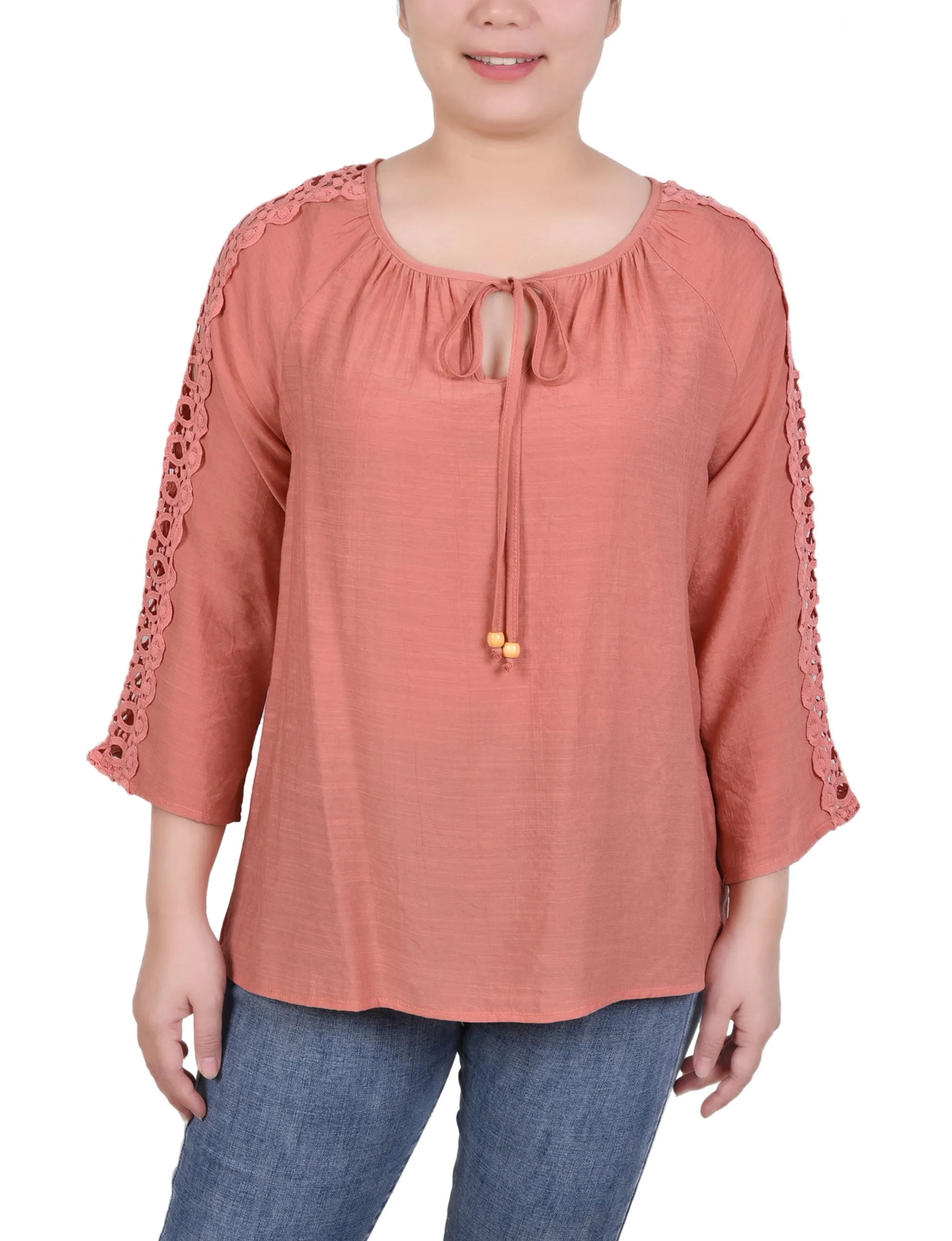 Petite 3/4 Sleeve Crochet Detail Blouse