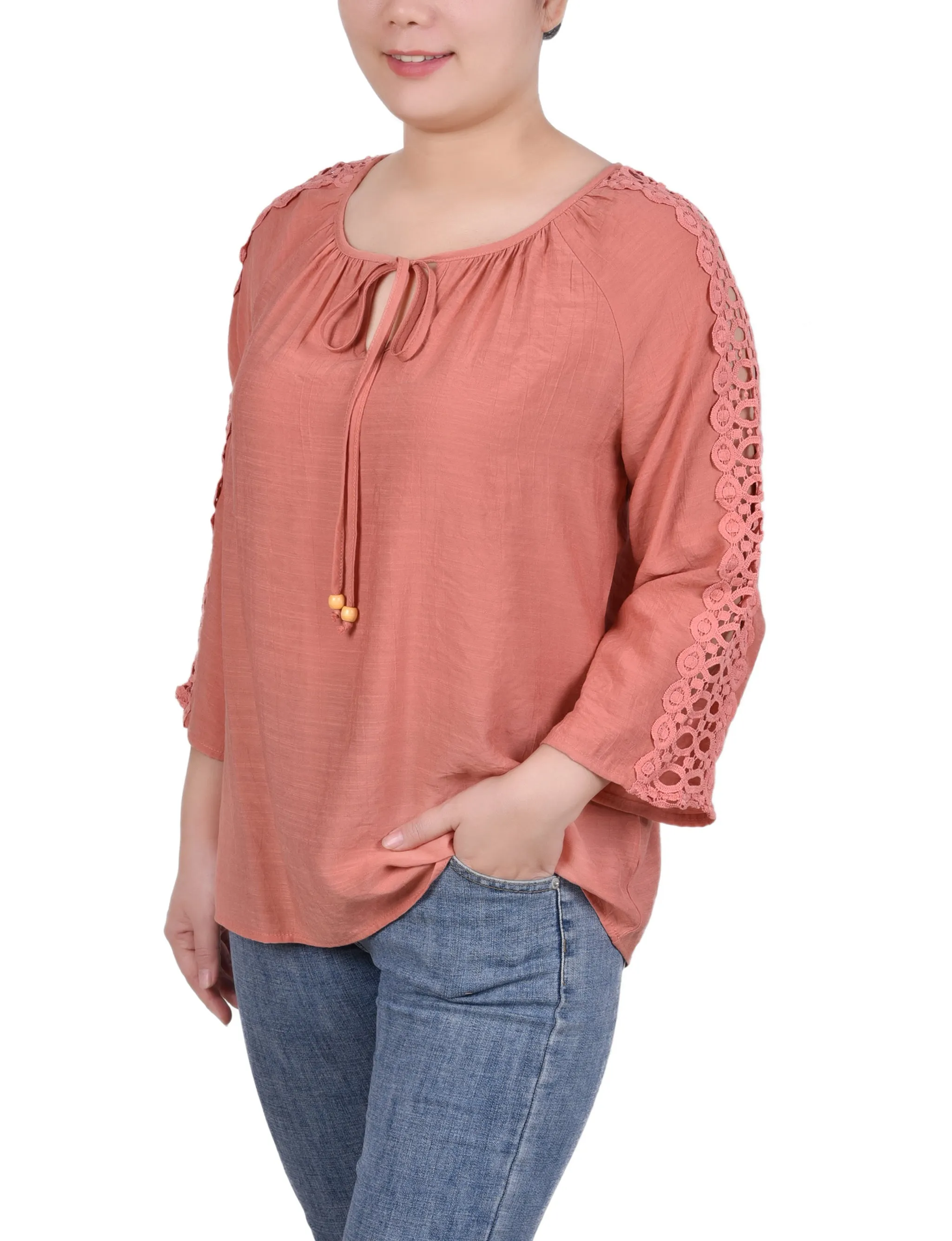 Petite 3/4 Sleeve Crochet Detail Blouse