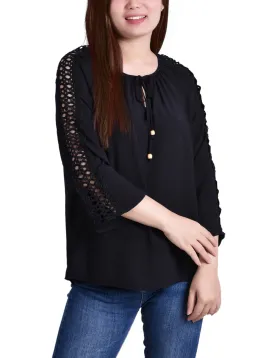 Petite 3/4 Sleeve Crochet Detail Blouse