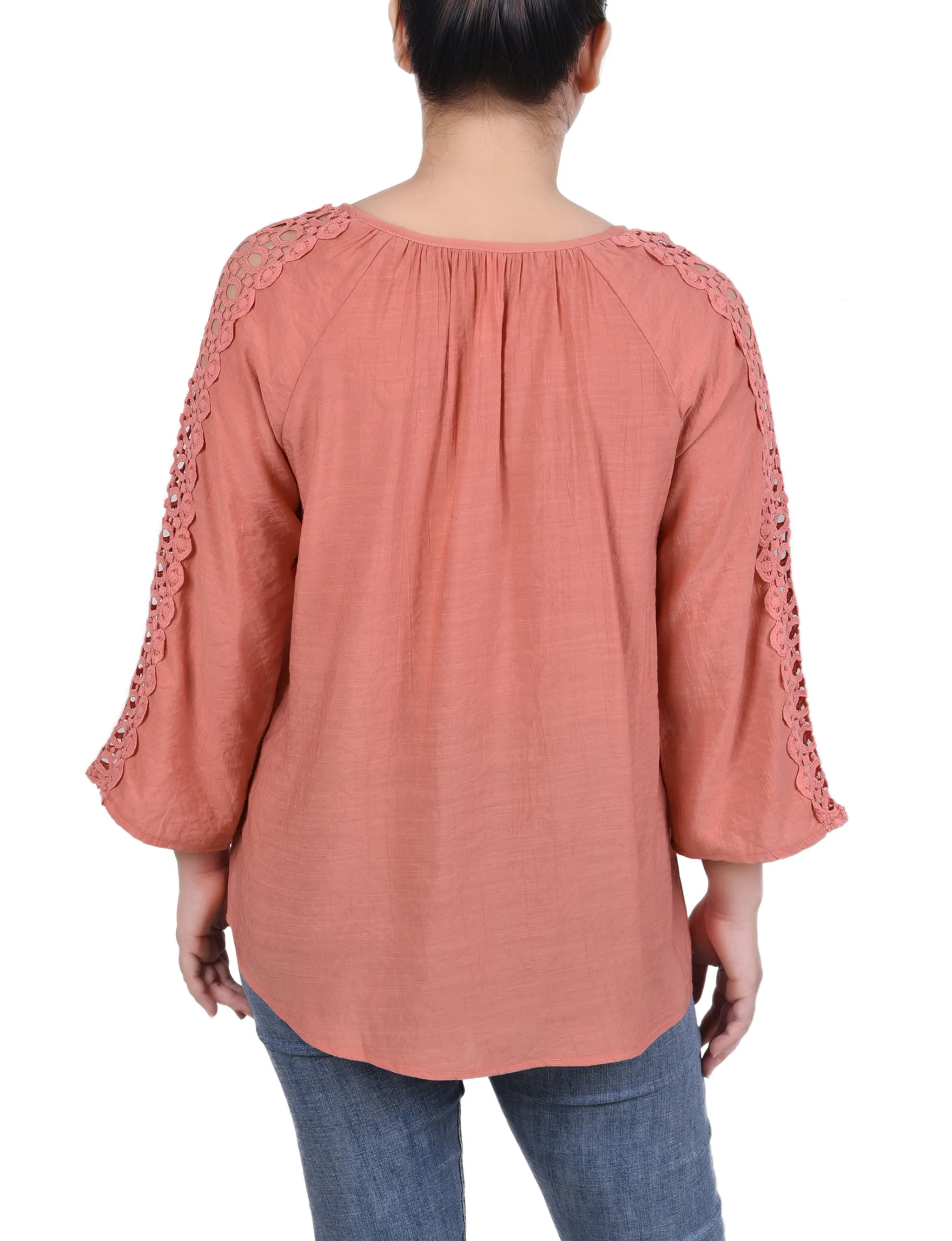 Petite 3/4 Sleeve Crochet Detail Blouse