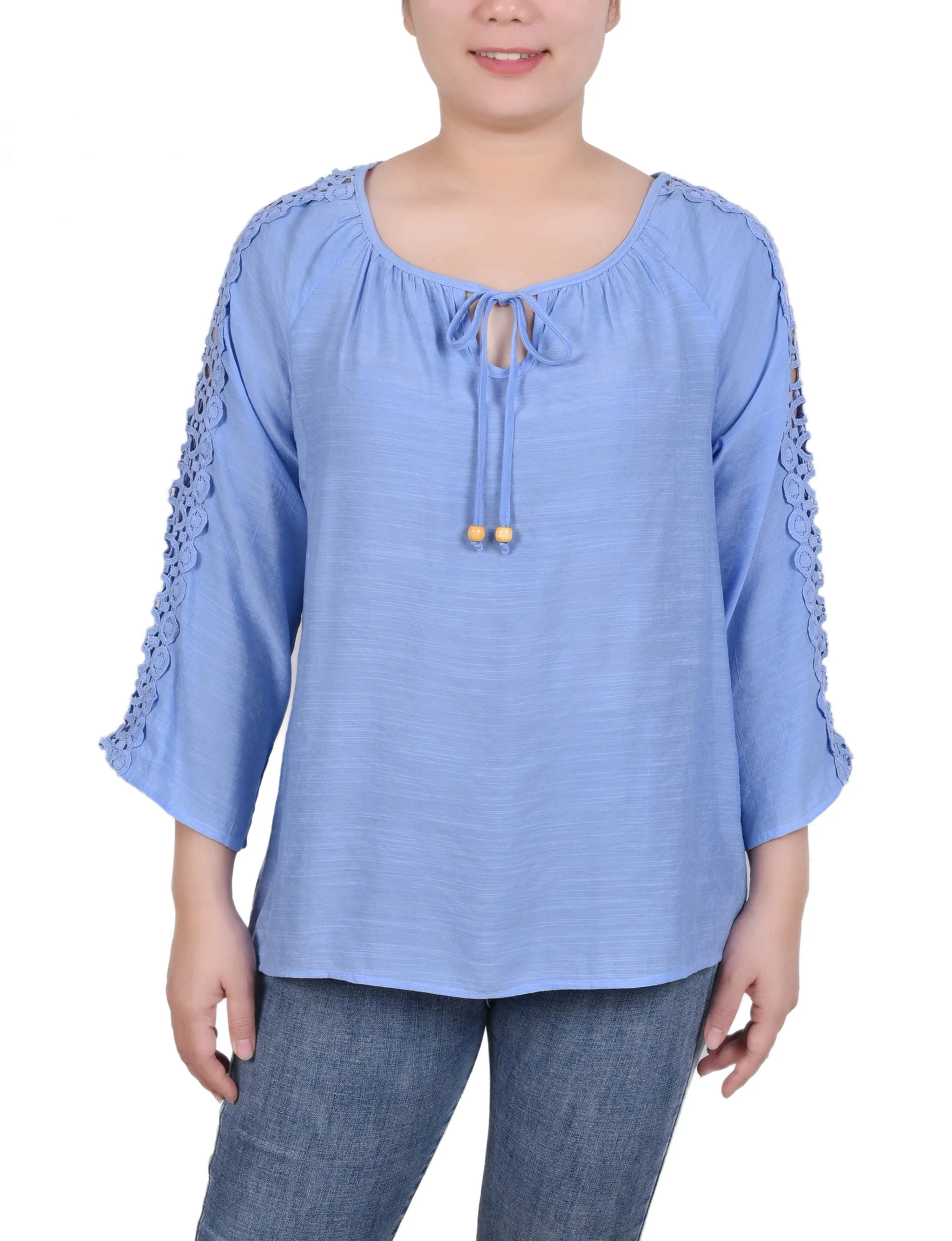 Petite 3/4 Sleeve Crochet Detail Blouse