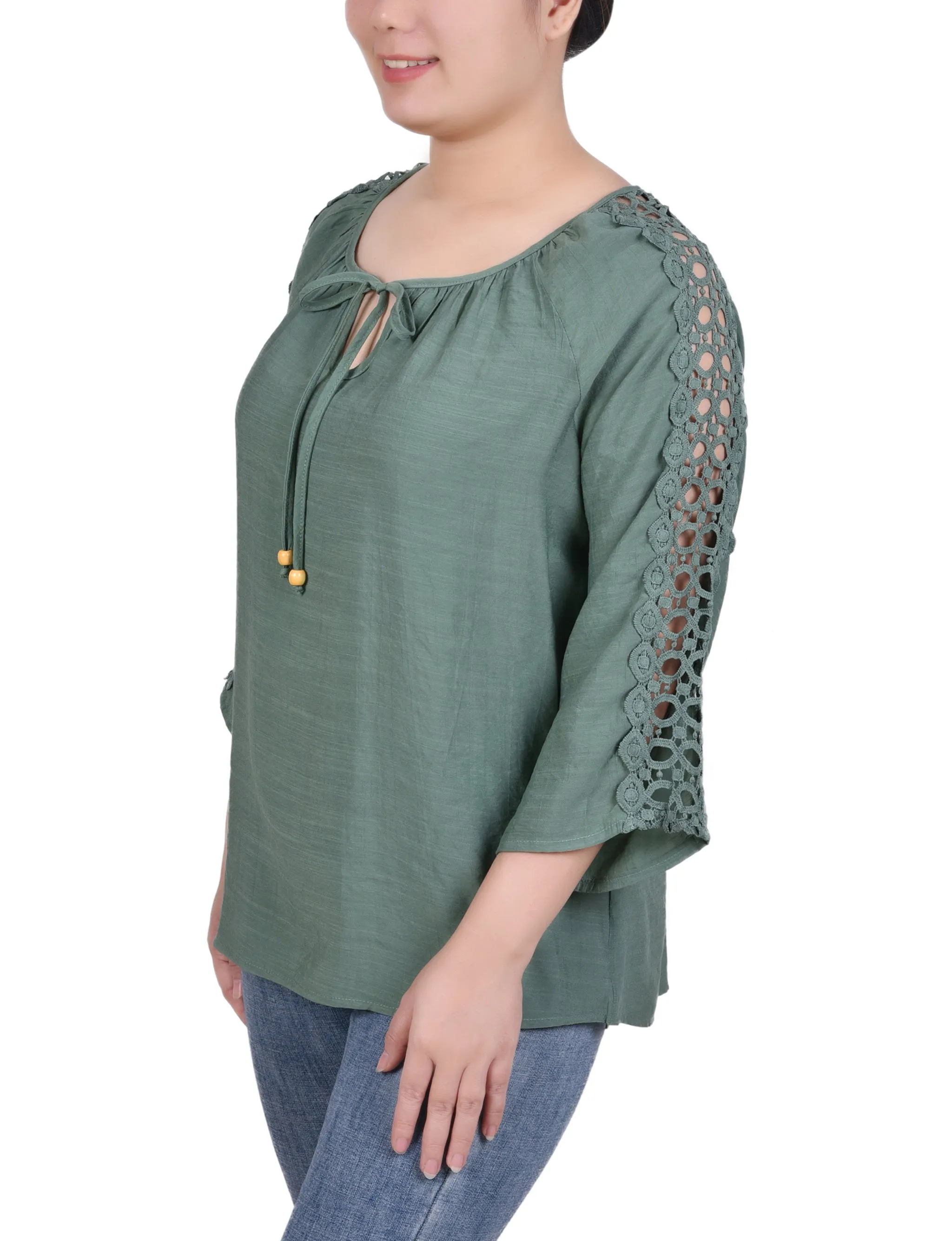 Petite 3/4 Sleeve Crochet Detail Blouse