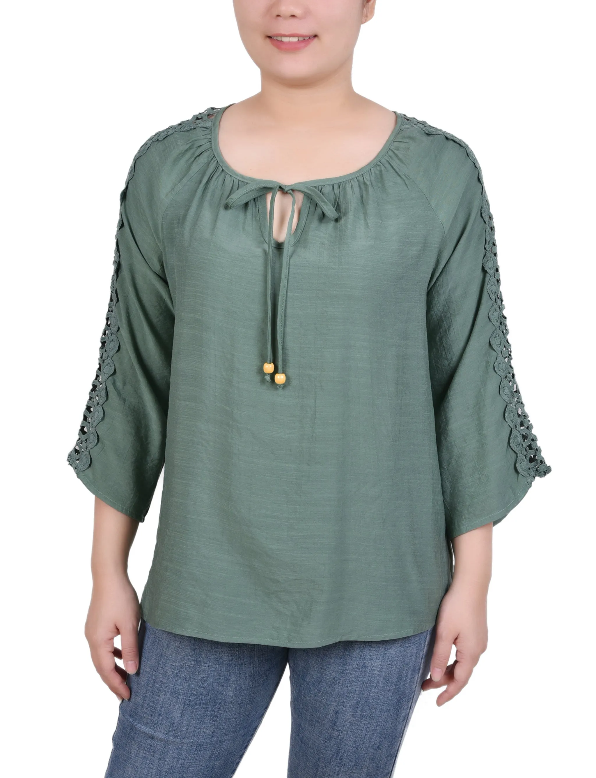 Petite 3/4 Sleeve Crochet Detail Blouse