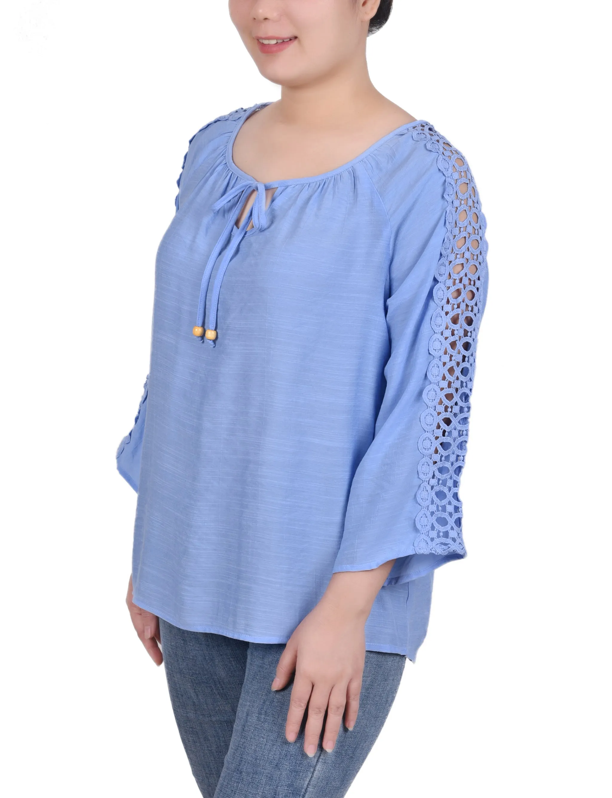 Petite 3/4 Sleeve Crochet Detail Blouse