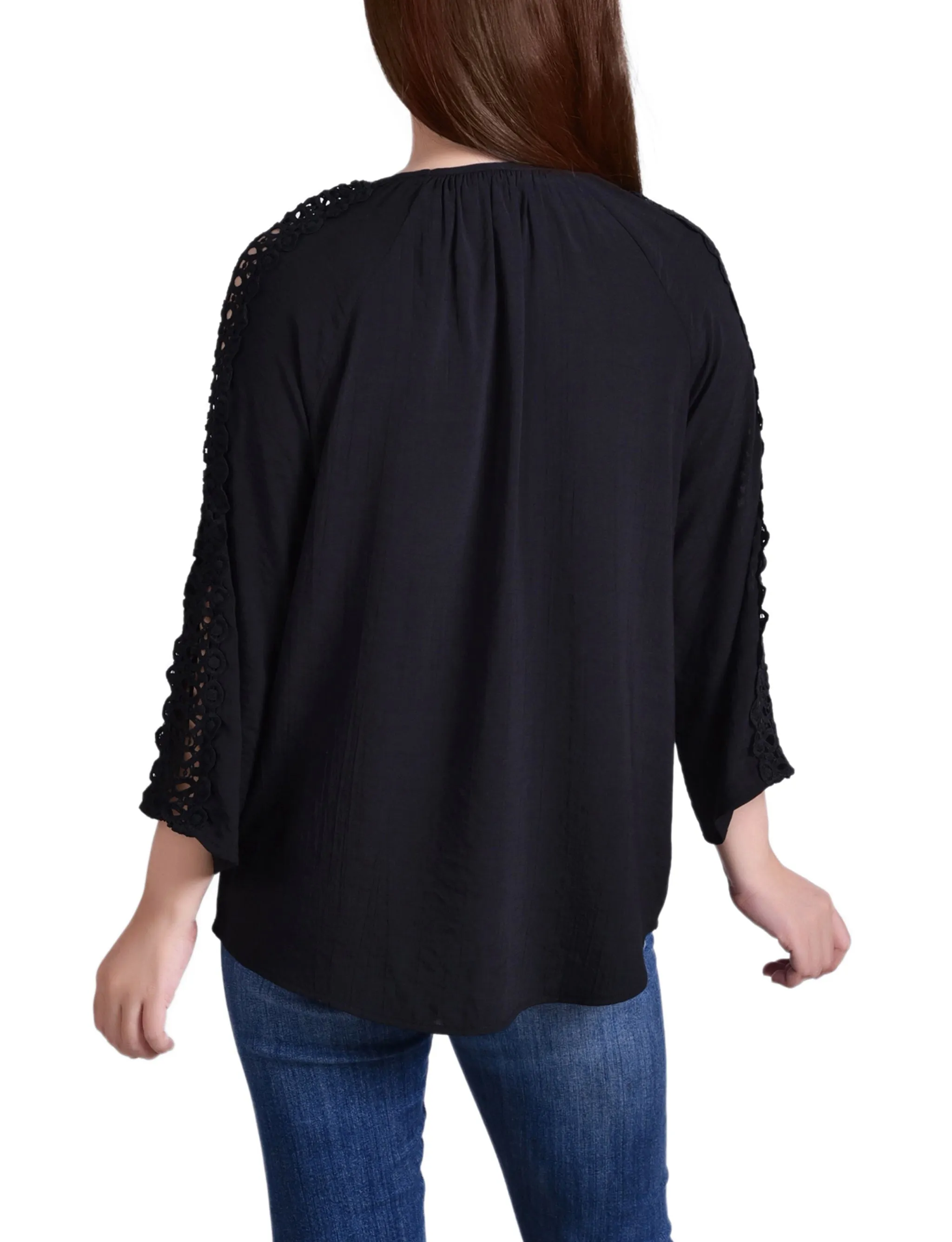 Petite 3/4 Sleeve Crochet Detail Blouse