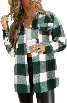 Plaid Shacket Jacket Womens Fall Fashion Long Sleeve Button Down Shirts Lightweight Boyfriend Oversized Blouses Top