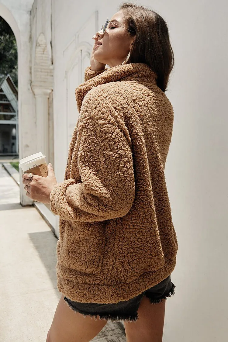 Plus Size Faux Fleece Jacket Fuzzy Pocket Teddy Coat