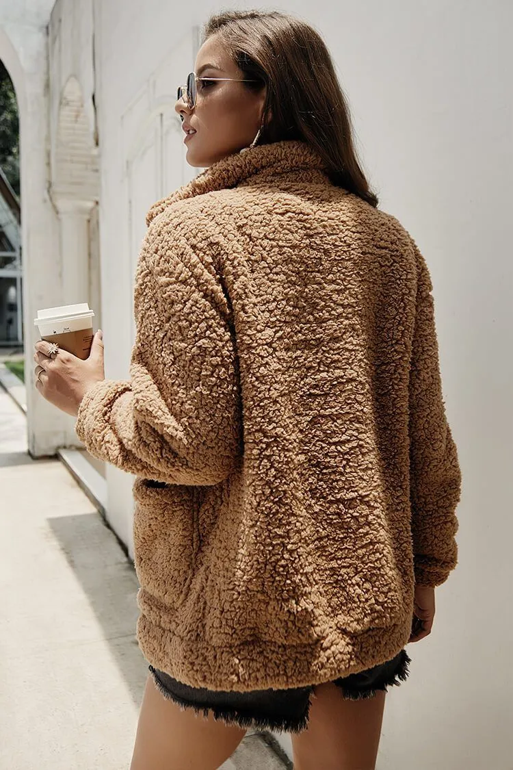 Plus Size Faux Fleece Jacket Fuzzy Pocket Teddy Coat