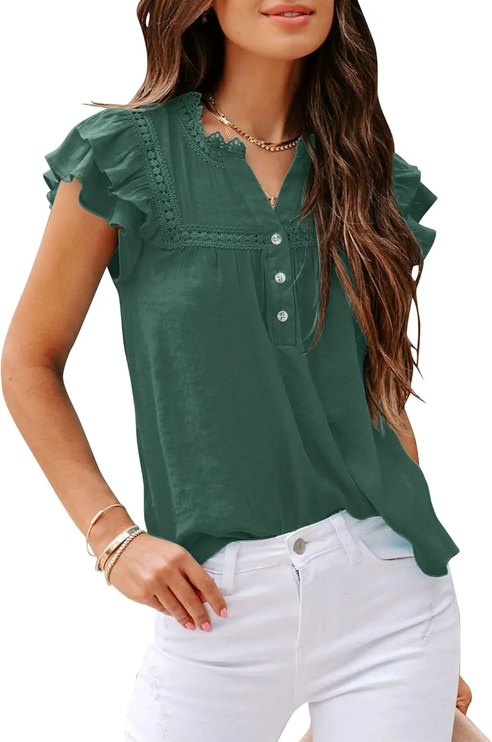 PRETTODAY Women's V Neck Lace Crochet Shirts Button Down Short Sleeve Casual Blouse Tops