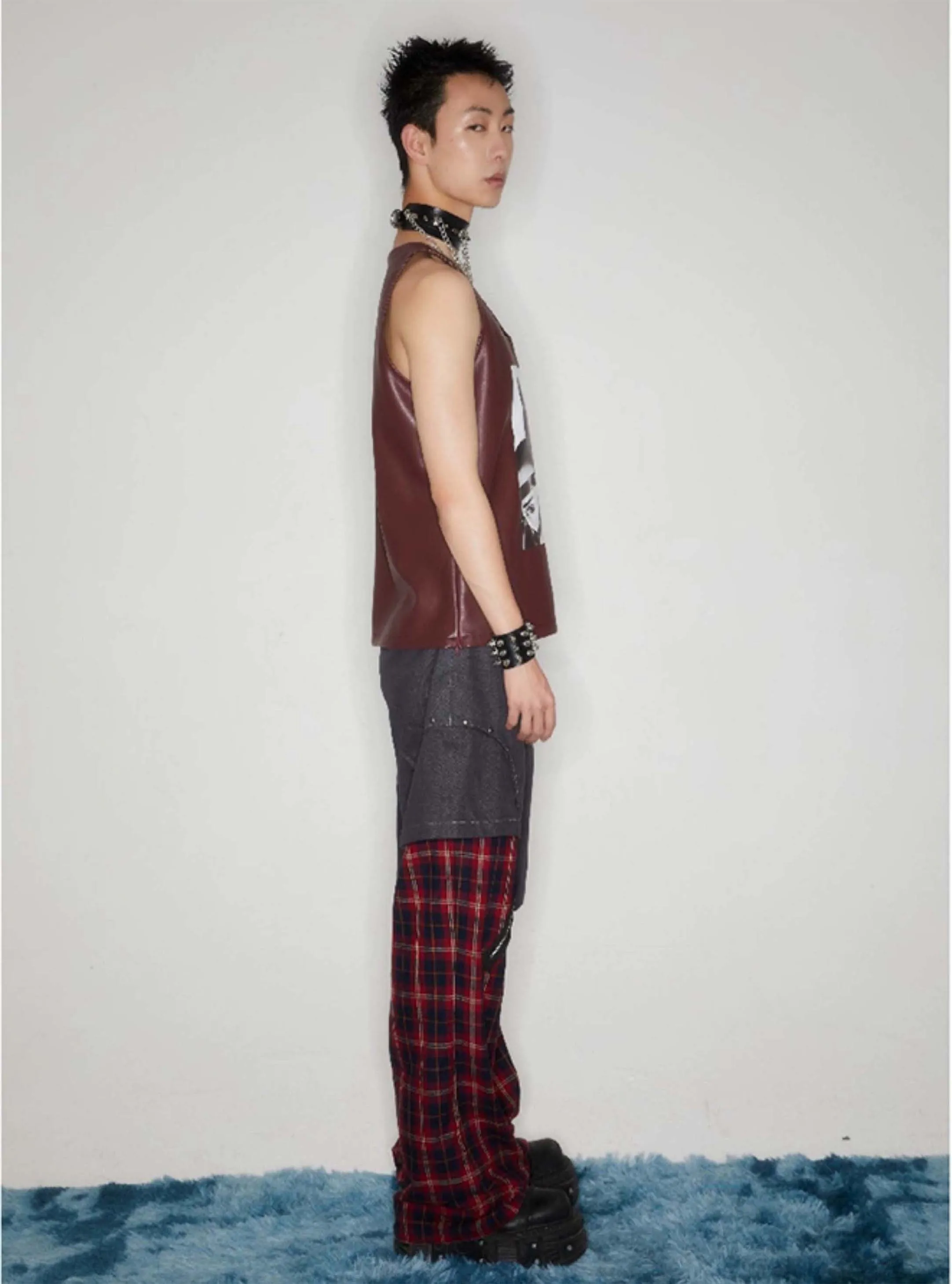 Punk Strap Checked Straight Pants