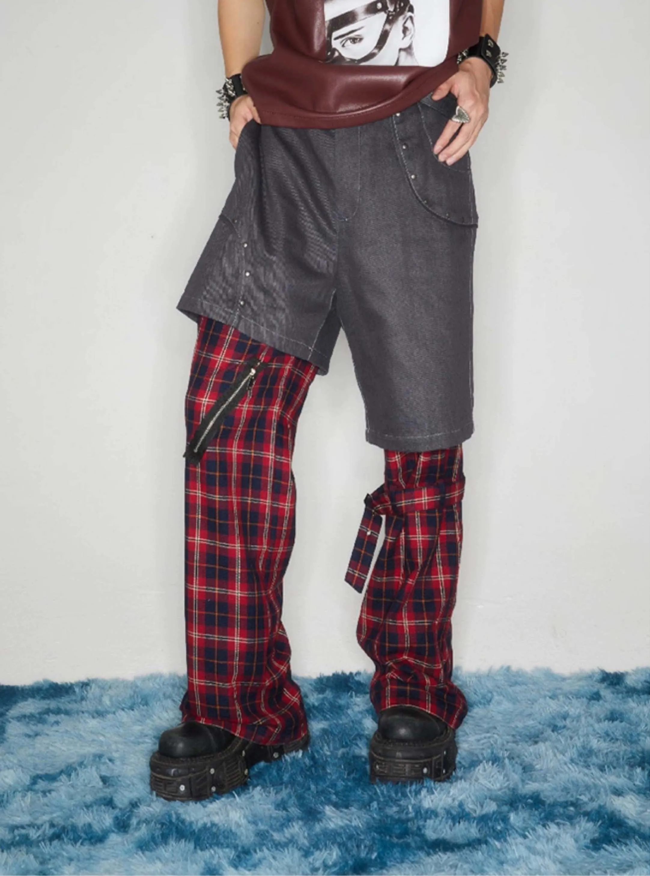 Punk Strap Checked Straight Pants