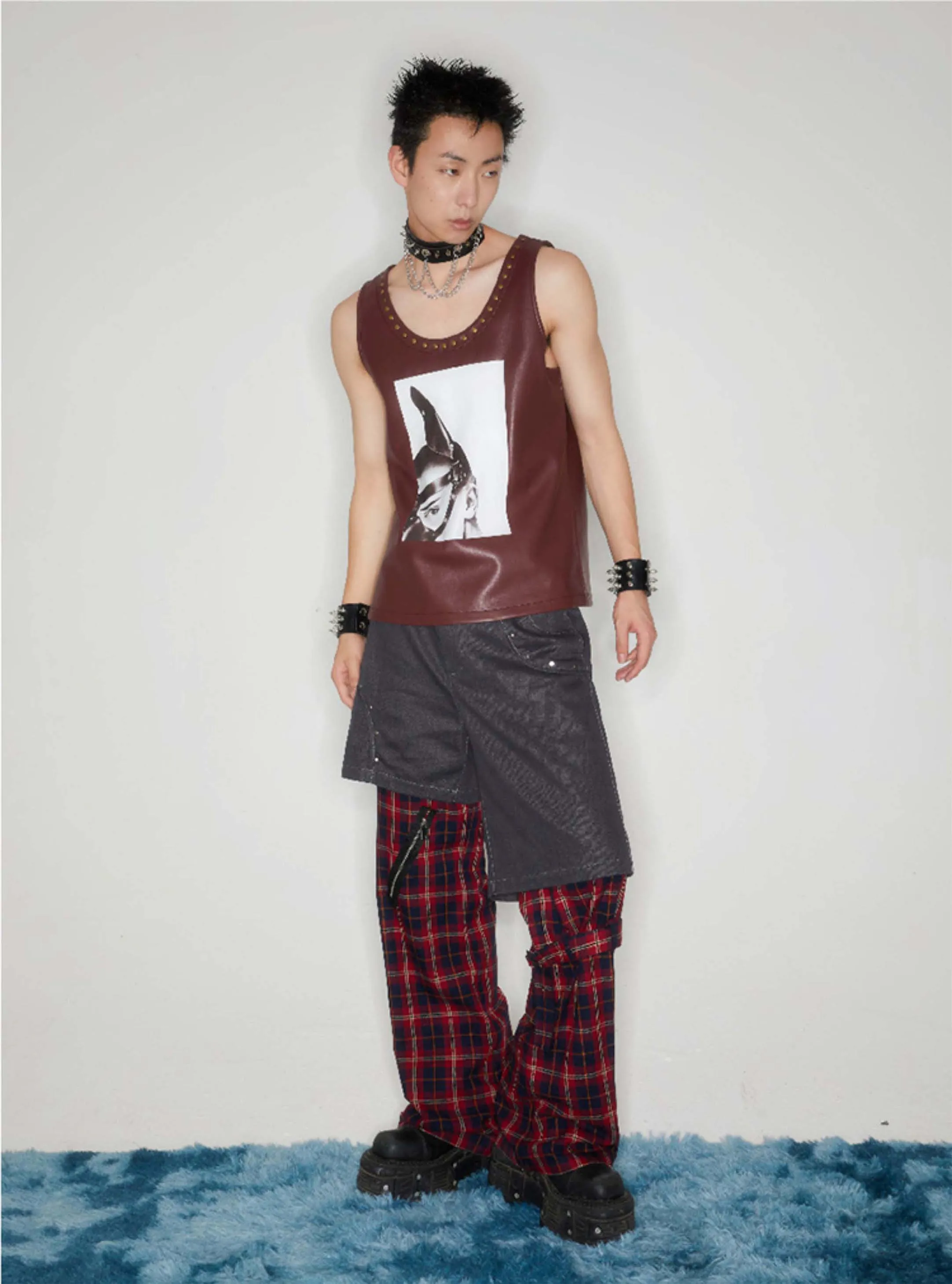Punk Strap Checked Straight Pants