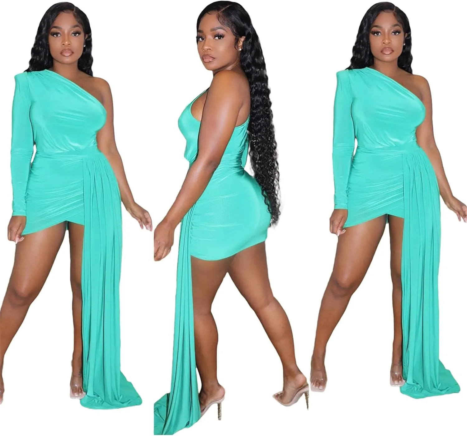 Recious Womens Sexy Asymmetrical S;eeve One Shoulder Bodycon High Low Hem Party Clubwear Prom Dress