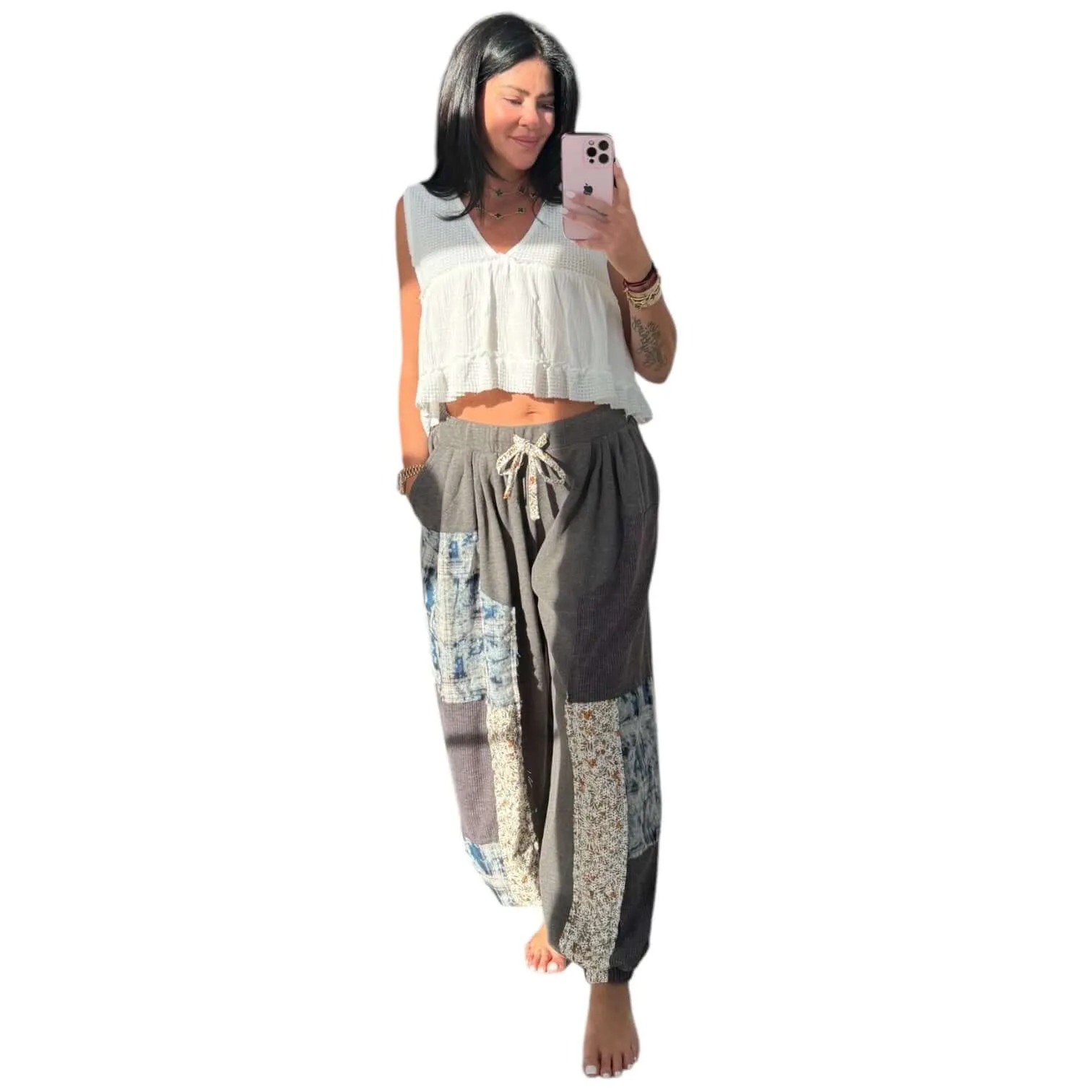 Relaxed Mixed Fabric Jogger Pants - Charcoal