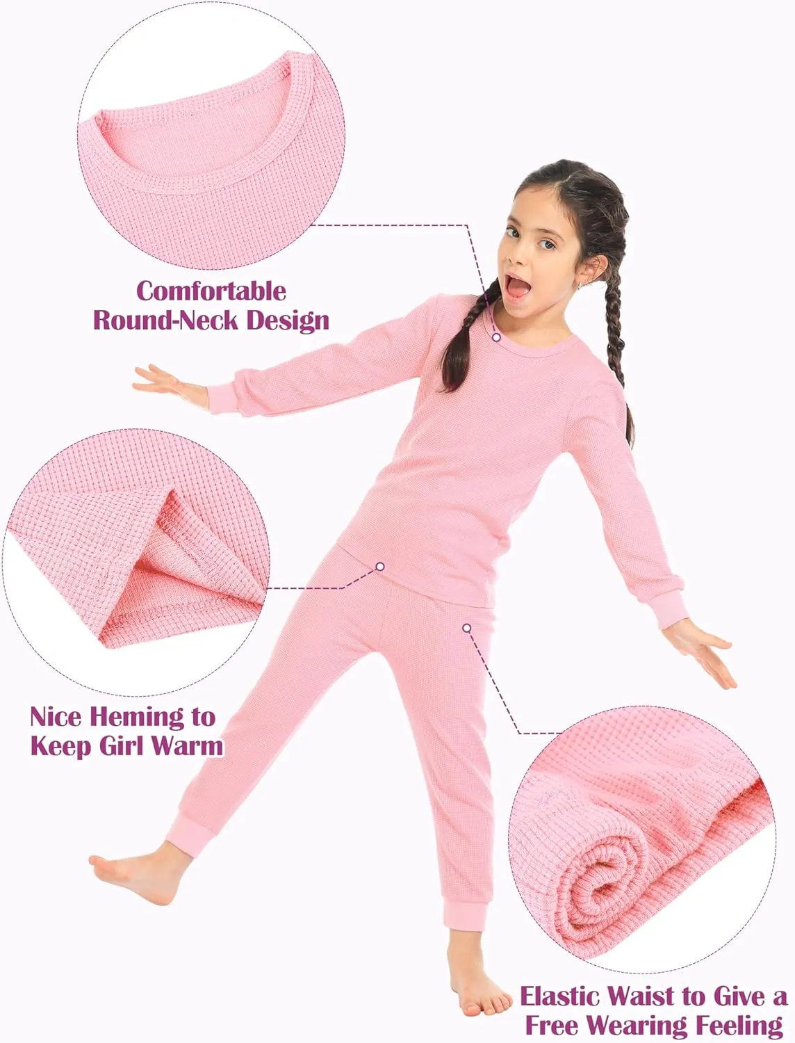 Resinta 3 Sets Girls Waffle Thermal Underwear Set Winter Waffle Cotton Thermal Top and Bottom Long Johns Warm Base Layer