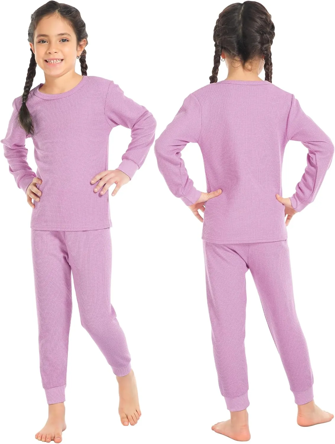 Resinta 3 Sets Girls Waffle Thermal Underwear Set Winter Waffle Cotton Thermal Top and Bottom Long Johns Warm Base Layer
