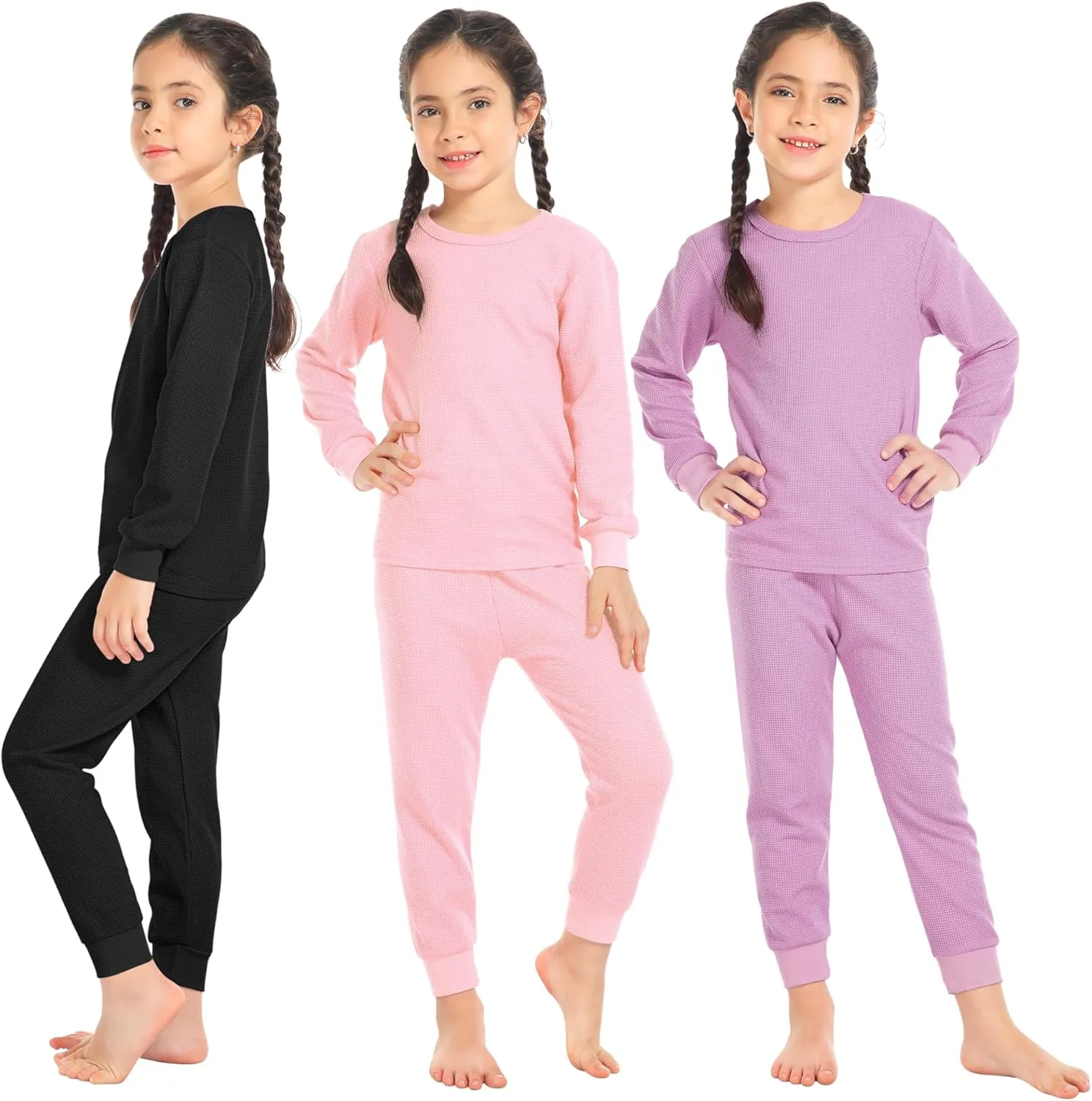 Resinta 3 Sets Girls Waffle Thermal Underwear Set Winter Waffle Cotton Thermal Top and Bottom Long Johns Warm Base Layer