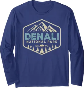 Retro Denali National Park mountains Nature Vintage Hiking Long Sleeve T-Shirt
