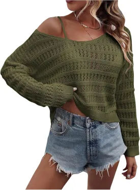 SHENHE Women's Crochet Hollow Out Drop Shoulder Scoop Neck Long Sleeve Sweater Top